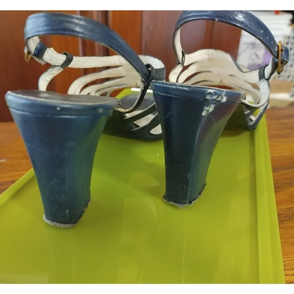 Luxe Retro Vintage Imported Mikelos Athens, Greece 8 N Navy Sandals Heels Chic